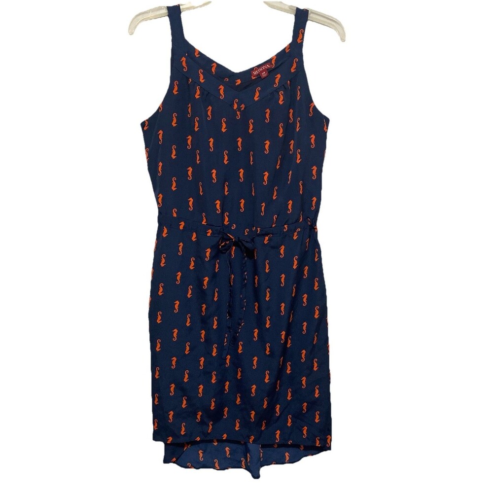 Merona Juniors S/P Navy Orange Seahorse Print Sleeveless Tie Waist Dress